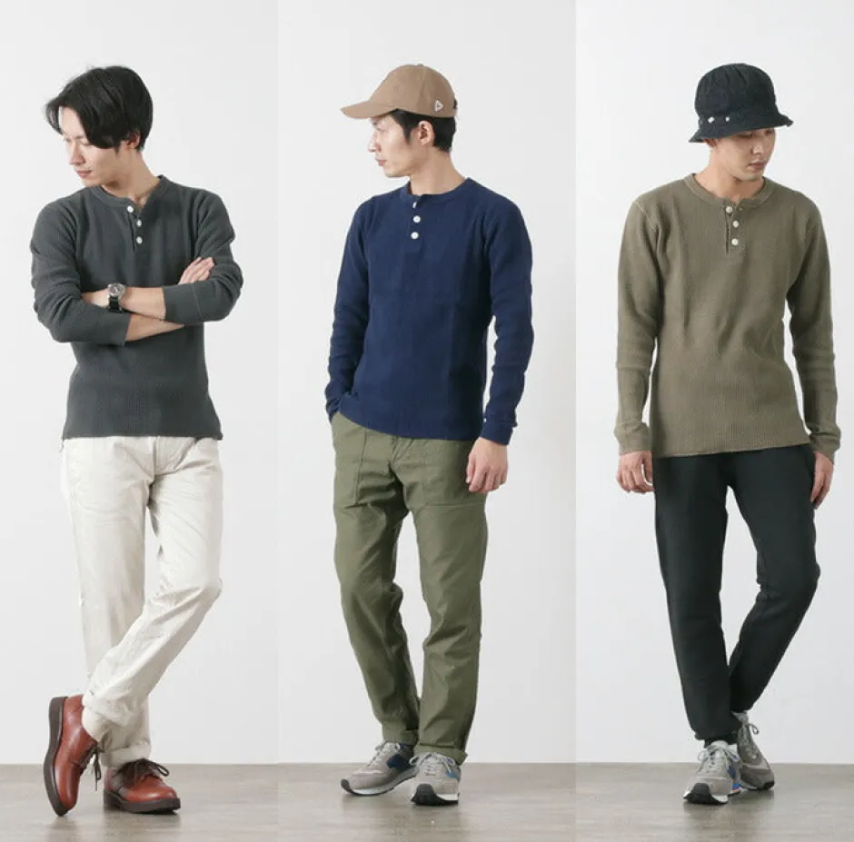 T-Shirts^BARNS / BR-3051 Big Waffle Henley Neck Long Sleeve Thermal / T-Shirt