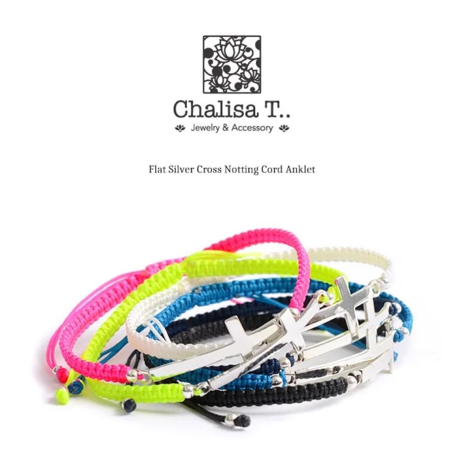 Anklets^CHALISA T.. / Flattened Silver Cross Knotted Cord Anklet