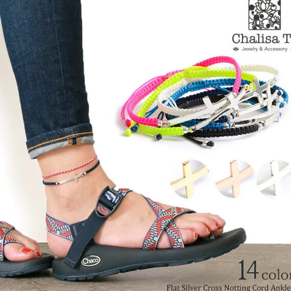Anklets^CHALISA T.. / Flattened Silver Cross Knotted Cord Anklet