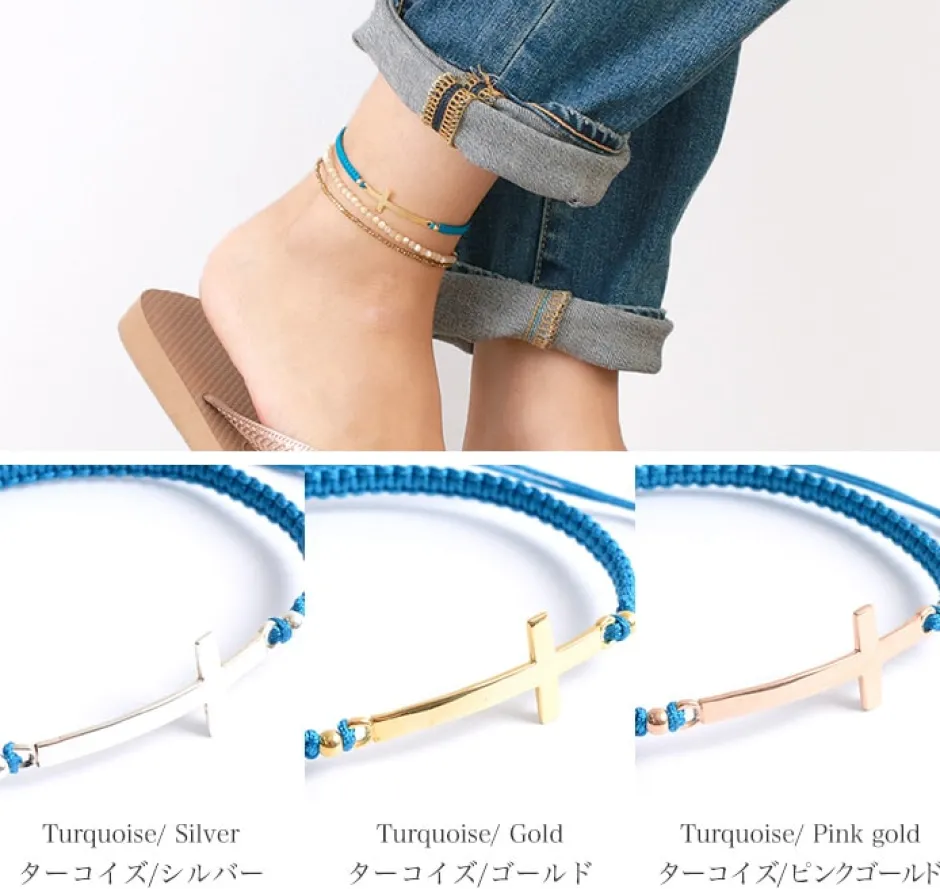 Anklets^CHALISA T.. / Flattened Silver Cross Knotted Cord Anklet