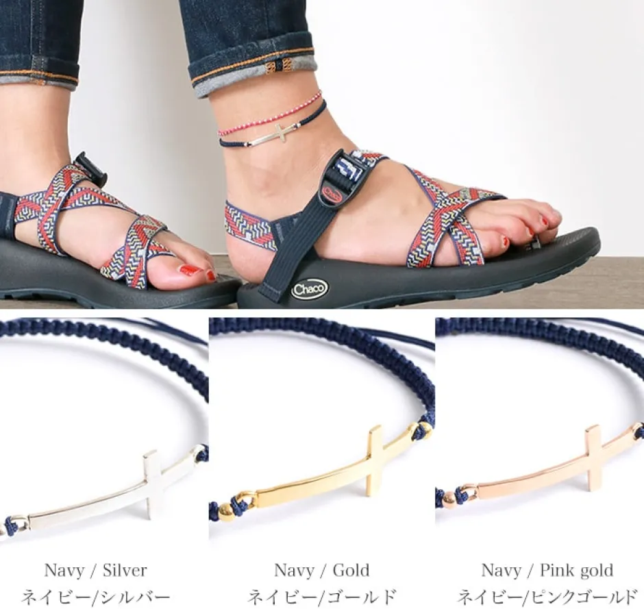 Anklets^CHALISA T.. / Flattened Silver Cross Knotted Cord Anklet