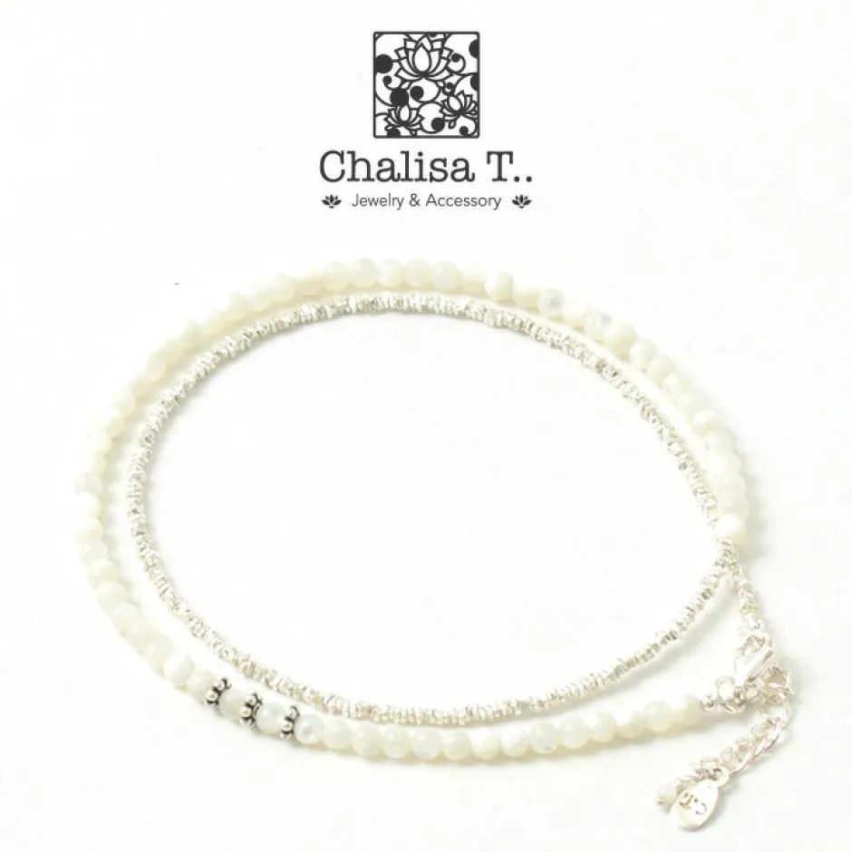 Anklets^CHALISA T.. / Round Shell Wrap Anklet/Karen Silver Flat Beads white