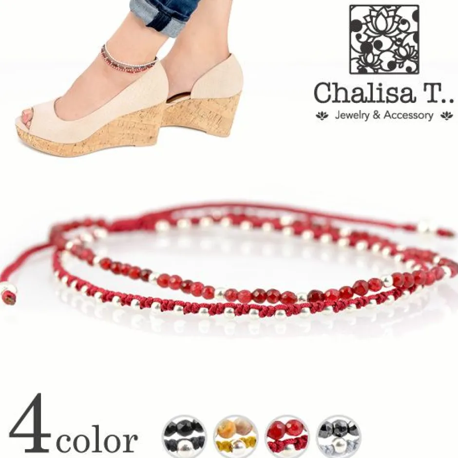 Anklets^CHALISA T.. / Stone silver bead anklet with knotted cord