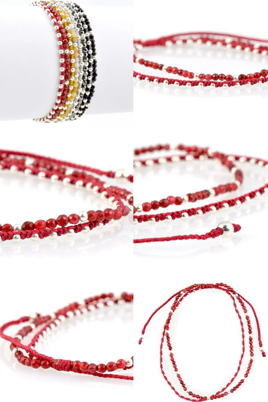 Anklets^CHALISA T.. / Stone silver bead anklet with knotted cord