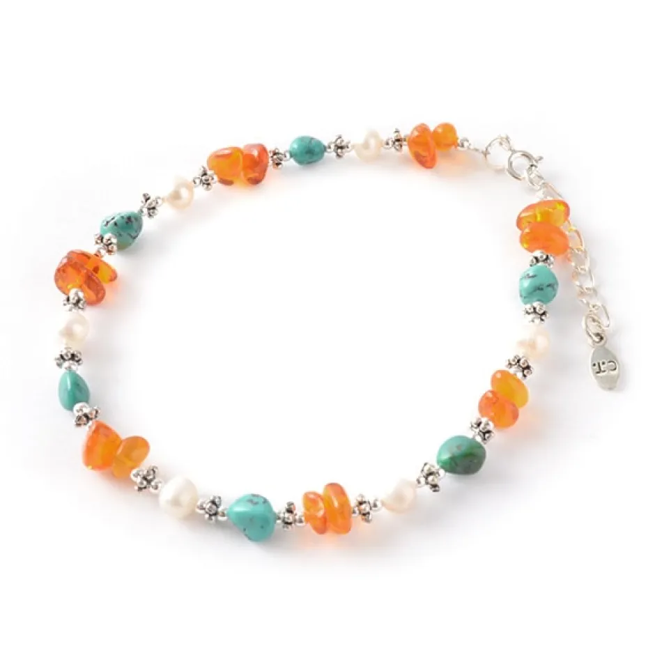 Anklets^CHALISA T.. / Turquoise Amber Pearl Combi Anklet silver