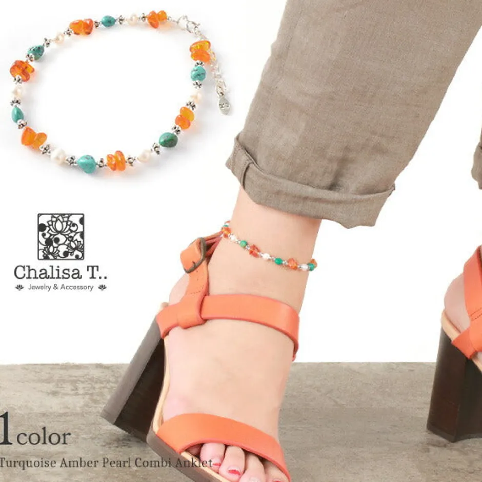 Anklets^CHALISA T.. / Turquoise Amber Pearl Combi Anklet silver