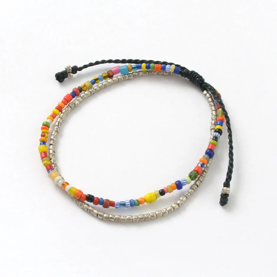 Anklets^PHADUA / 2-strand waxed cord African bead anklet black