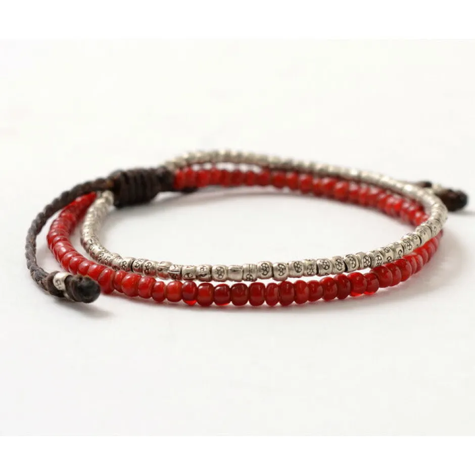 Anklets^PHADUA / Two strands waxed cord anklet (white heart/silver) red