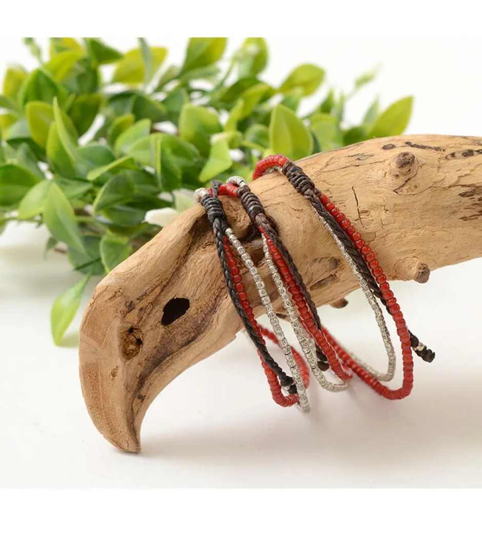Anklets^PHADUA / Two strands waxed cord anklet (white heart/silver) red