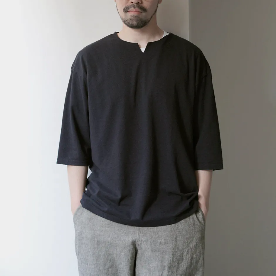 T-Shirts^ROCOCO / Linen Cotton Key Neck T-Shirt